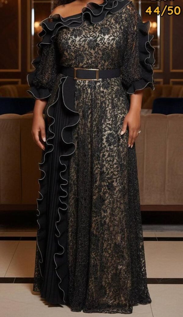 Noir Ruffle Lace Evening Gown