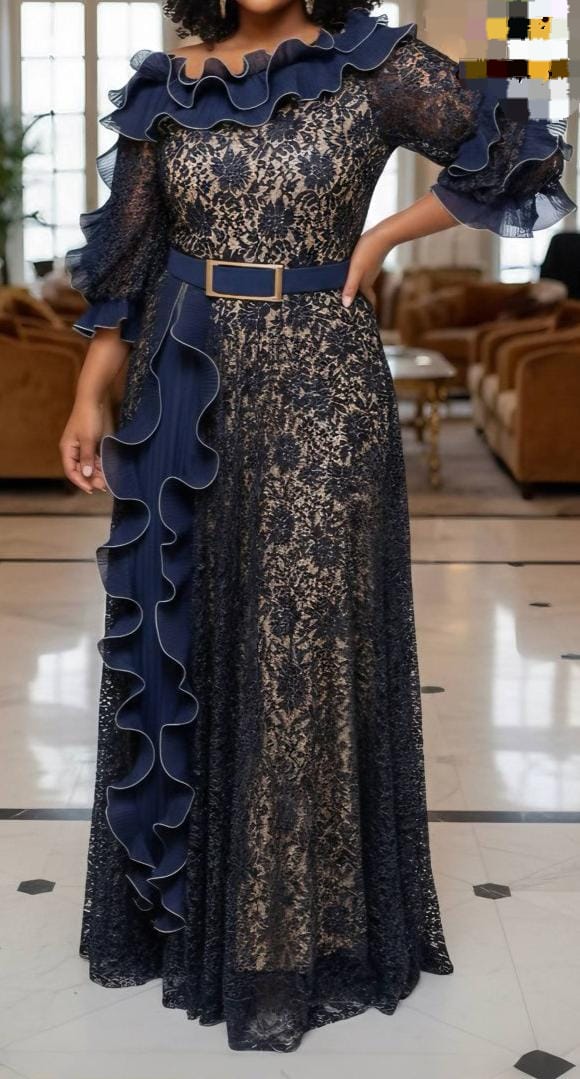 Noir Ruffle Lace Evening Gown